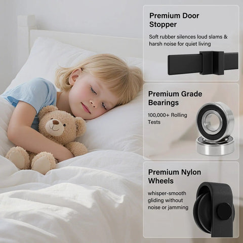 Child sleeping beside teddy bear with highlights on premium door stopper, bearings, and nylon wheels for sliding door.
