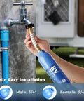 Rig Tested Camper Water Filter 2 Pack Featuring Heavy Duty GAC KDF Filtration NSF Certified Inline Design To Squash Chlorine Rust And Mineral Deposits For Smooth Sipping RV Tankless Drinking Water attached to faucet with 3/4 inch hose.