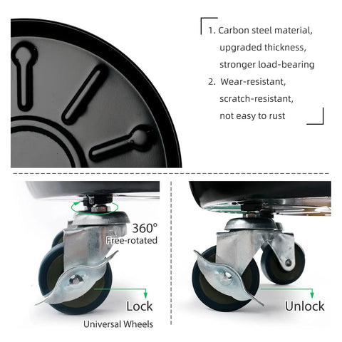 Close-up of Heavy Duty Plant Caddy with Universal Wheels 3 Pack, showcasing carbon steel wheels, lock mechanism, and non-slip tray.