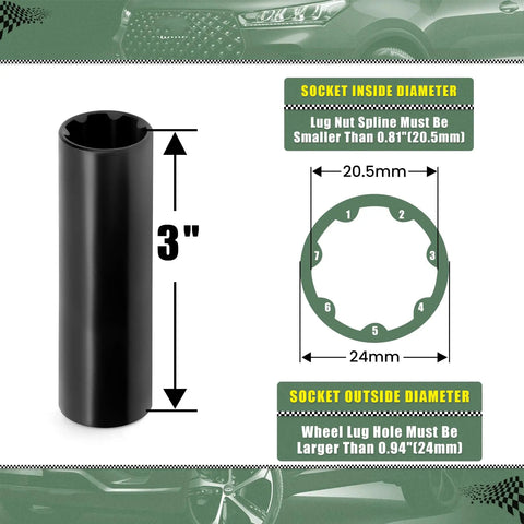 Pro Shop 7 Spline Lug Socket With Half Inch Drive Impact Rating shows dimensions of black socket, 3 inches tall, with measurements of 20.5mm and 24mm.