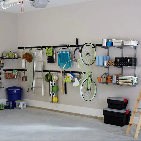 Must Have FastTrack Garage Hook Set 6 Pack Heavy Duty Powder Coated Metal Hangers For Ladders Tools Ropes Hoses Bikes And More Installs On Rails Easily Holds Up To 25 Lbs Each holding various garage items on wall