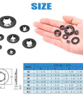 Hand showing sizes of Internal Tooth Lock Washers And Push-On Locking Washers Kit With Speed Clips And Star Fasteners, M3 to M12.