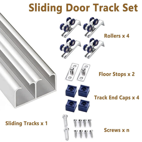 Heavy Duty Aluminum Sliding Door Track Kit With Zinc Nylon Rollers And Double Rail System For Ultra Silent Closet Doors Quick Snap Setup Zero Wobble Glide, including rollers, tracks, and screws.