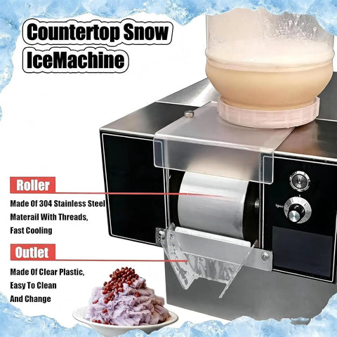 Heavy Duty Electric Ice Shaver Machine Crushing Blocks For Fluffy Snowflake Ice With Smart Air Cooling Setup Made For Food Trucks Milk Tea Shops And Patio Hangouts 750W Heavy Hitter with stainless steel roller and plastic outlet.