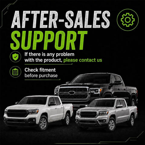 After-sales support image featuring pickup trucks with text about product issues and fitment checks.