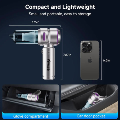 Cordless Handheld Car Vacuum With Brushless Motor 16000Pa Suction LED Light Type C Port next to smartphone for size comparison