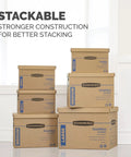Ten Pack Of Medium Moving Boxes Built Tough With Reinforced Handles No Tape Assembly Required Easy To Pack And Stack Comes With Labeling Spots And Lift Off Lids For Quick Access Perfect For Any Big Move, stacked for efficient storage.