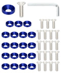 Hardcore M6 Countersunk Washer Kit With Anodized Aluminum Flat Washers And Pan Head Screws Offering A Badass 40 Piece Hardware Set Built For Rough DIY Projects And Quick Fix Garage Jobs In Bright Blue, showing blue washers and silver screws.