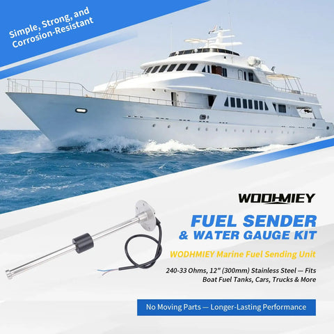 Keep Tabs On Your Fuel And Water Levels With This Universal Magnetic Float Sensor Gauge For RVs Cars Trucks Boats Featuring A Robust 240-33 Ohm Stainless Steel Body That Is Dead Reliable, showing a stainless steel fuel sender against a yacht.