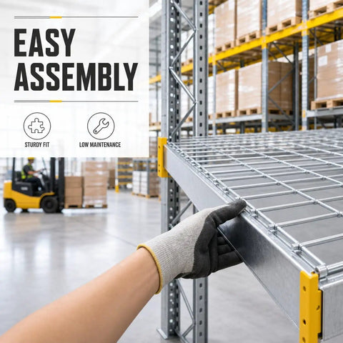 Hand installing Heavy Duty Galvanized Steel Pallet Rack Wire Decking Panel Damn Tough 50X100 Mesh Silver for easy assembly in warehouse.