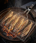 Outdoor Grill Basket For Fish, Shrimp, Veggies And Meat, Stainless Steel With Detachable Heat Resistant Handle, Lockable Design For Easy Grilling, Camping Cookware, Versatile Grilling Rack showing fish over open flames