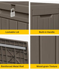 Close-up of 60 Gallon Deck Box Outdoor Storage Waterproof Resin Bin features: lockable lid, built-in handle, reinforced rod, wood-grain texture.