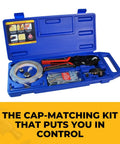 Open blue case showing On Demand Custom Color Punch Kit For Cabinet Making Create Perfectly Matched Caps From Your Veneer Or Edgebanding Ideal For Small Scale Refacing Or Touch Ups Compact Easy To Use For Materials Up To 0.022 Inches Pro Grade Tool For Quick Cap Touchups.