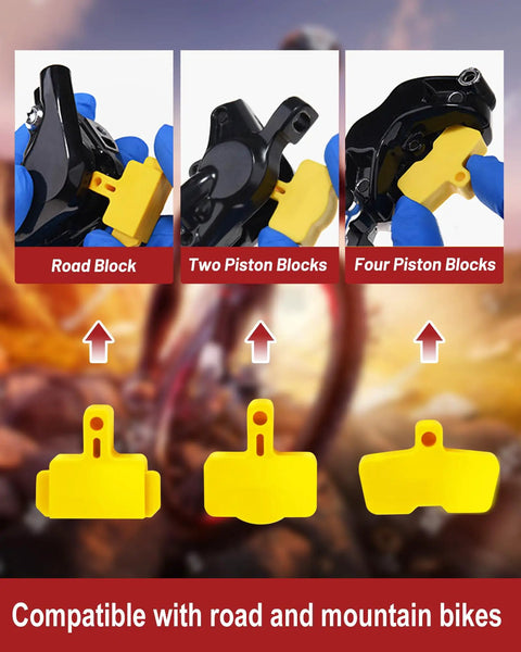 Three types of piston blocks for Go To Hydraulic Disc Brake Bleed Kit With Mineral Oil Included, mountain and road bike compatible.