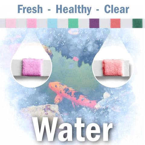 Super Slick 7-in-1 Pond Test Strips Easy-Peezy Water Quality Check for Fish Ponds and Aquatic Gardens displays color changes in test results.