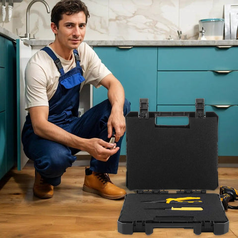 Man kneeling with toolbox showing Eight Piece Polyurethane Foam Sheets 16 By 12 By 1 Inch Cuttable Foam Inserts For Toolboxes Camera Cases And Craft Projects Top Notch Soft Packing Pads Ready To Slice To Keep Your Prized Gear Locked Tight.