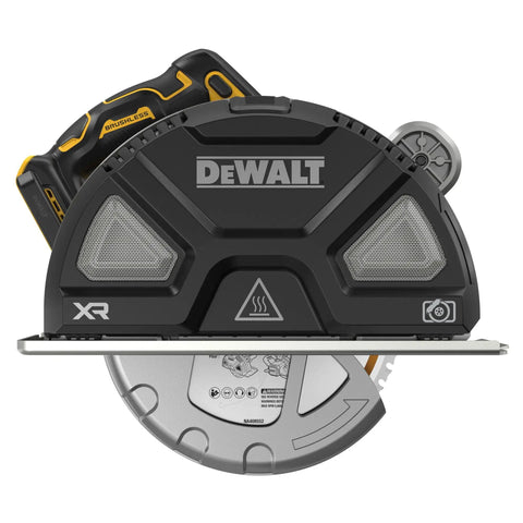 Heavy Duty 18 Volt Cordless Circular Saw Packs A Brushless Motor For Razor Sharp Metal Cutting, top view with blade.