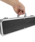 Durable Aluminum Tool Organizer Box With Secure Twist Latches Portable Travel Case Scratch Proof Exterior being held by hand.