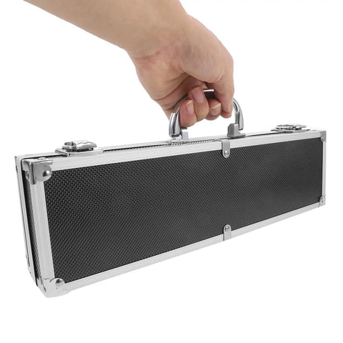Durable Aluminum Tool Organizer Box With Secure Twist Latches Portable Travel Case Scratch Proof Exterior being held by hand.
