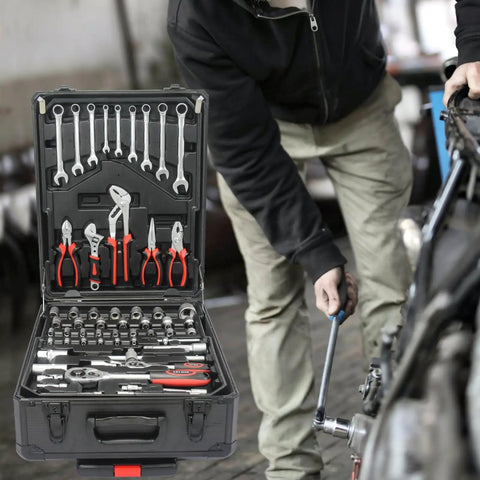 Top Shelf 899 Piece Rolling Toolbox Set With Four Deep Compartments For Tough Home Repairs Garage Mods Diy Fixes And Everyday Handyman Grindin In Sleek Black Finishing with wrenches and tools visible.