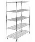 Heavy Duty Five Tier Rolling Wire Shelving Rack Built Tough For Garage Use With Smooth Gliding Casters and Fully Adjustable Heights, chrome finish.