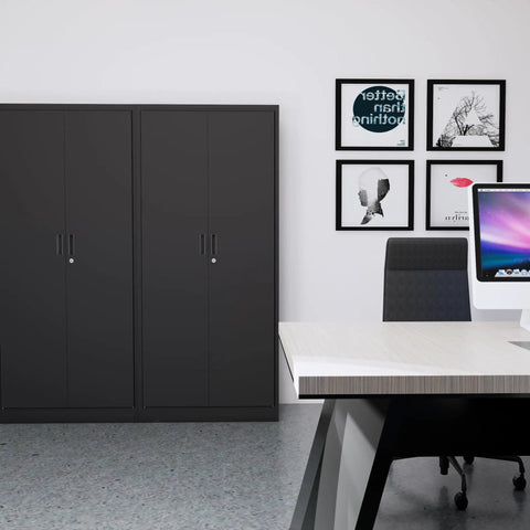 Built Like A Tank 71 Inch Tall Metal Storage Cabinet With Secure Locking Double Doors And Five Fully Adjustable Shelves In Durable Black Finish For Garage And Office, shown in an office setting.