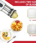 Ditch The Manual Grind With This Rock Solid Electric French Fry Cutter Packing Precision Stainless Steel Blades and Dual 1/2 Plus 3/8 Inch Cuts For Quick Home Or Restaurant Meal Prep Any Day with blades and fries.