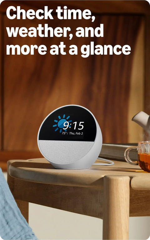 Dope Wireless Smart Alarm Clock With Sleek Build And Thumping Bass Solid For Nightstands Or Kitchens Checks Weather Streams Tracks Manages Connected Devices Glossy Black on wooden table displaying time and weather.