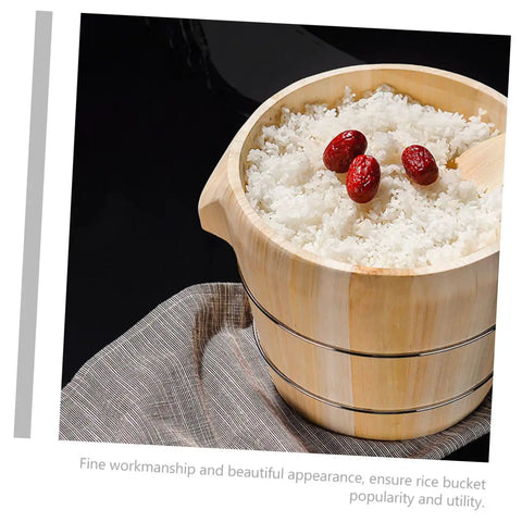 Premium Handcrafted Wood Steamed Rice Bucket With Lid, Round Beige Cask Storage Bin, Airtight Grain Container featuring cooked rice and red dates.