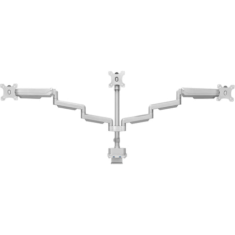 Clean Workspace Upgrade Featuring Versatile Triple Monitor Pole Stand With Rock Solid Build And Smooth Glide Swivel Tilt Control Plus Integrated Usb Charging Ports For Effortless Grommet Installation Gray in a front view showing the mounting arms and central pole.