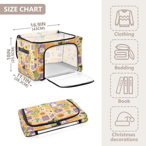 Heavy Duty Foldable Storage Bin With Large Clear Window And Dual Zipper Openings For Quick Grab Access Interior Steel Frame Keeps Structure Intact Festive Pumpkin Ghost Art Collage shown with size dimensions 16.9x10x11.1 inches.