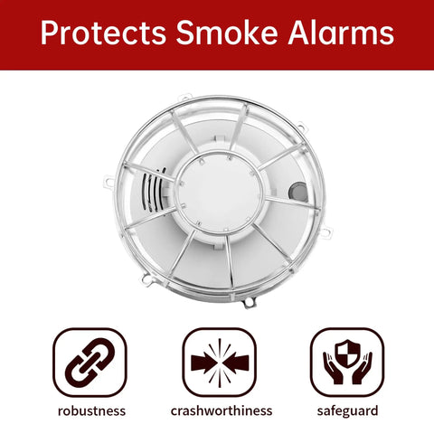 Chrome Sprinkler Head Protector Guard For Ceiling Installations 1/2 Inch And 3/4 Inch shown protecting a smoke alarm with icons below.