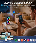 Person using phone to connect Karaoke Party Bluetooth Speaker With Dual Wireless Microphones Party Ready Floorstanding System With Lights TWS Pairing USB AUX And TF Card Support For Home Parties And Events via Bluetooth indoors.