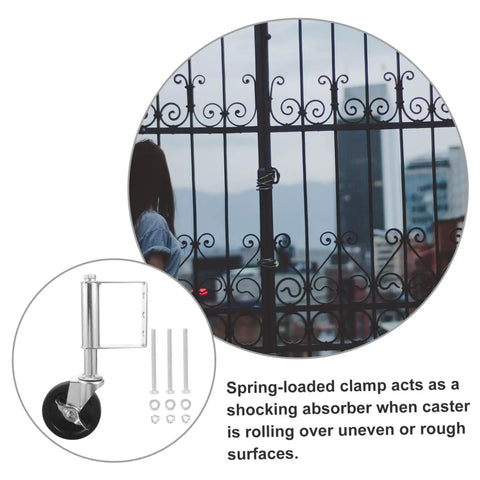 Rock Solid Spring Loaded Gate Wheel Heavy Duty 75kg Black Steel Caster with spring-loaded clamp for shock absorption.