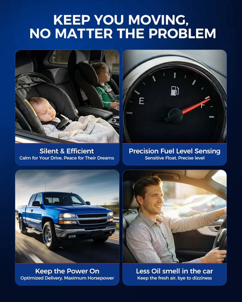Collage of images showing car interior, fuel gauge, truck on road, and man driving, illustrating benefits of advanced fuel solutions.