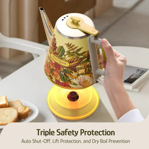 Retro 1L Electric Kettle Cordless 800W Fast Boil Double Wall 304 Stainless Steel BPA Free Auto Shut Off Compact One Cup Brew Buddy For Tea And Coffee Eduardo Recife Collaboration Edition with floral print, held by person