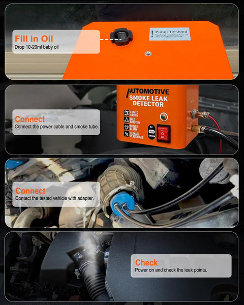 Slick Automotive Smoke Machine With Digital Gauge And No Sweat Built In Air Pump Plug And Play Evap Vacuum Leak Tester For 12V Pipe and Fuel System Diagnostics Shop Favorite showing setup steps for oil fill and connection.