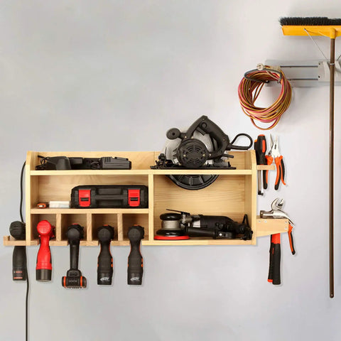 Power Tools Storage And Charging Station With Five Drill Slots Wall Mount Garage Organizer loaded with tools on display.