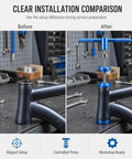 Heavy Duty Bike Headset And Bottom Bracket Press Tool installation comparison showing aligned setup and controlled press for 1 to 1.5 inch frames.