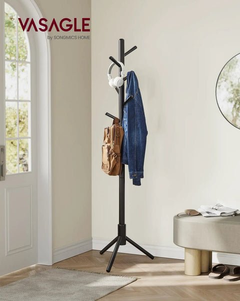 Solid Wood Free Standing Coat Rack Tree Shaped With Eight Hooks And Three Height Options For Clothes Hats Bags In Living Room