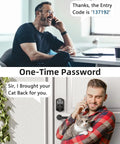 Image of a man using a phone to share a one-time password, with another man holding a cat and standing by a door with an electronic keypad lock.