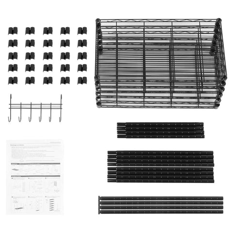 Two Pack Six Tier Heavy Duty Wire Shelving Unit With Adjustable Leveling Feet And Corrosion Resistant Hooks assembly parts arranged on a surface.