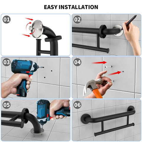 Rock Solid Oil Rubbed Black Grab Bar With Towel Holder For Bathtub And Shower installation process with screws and tools