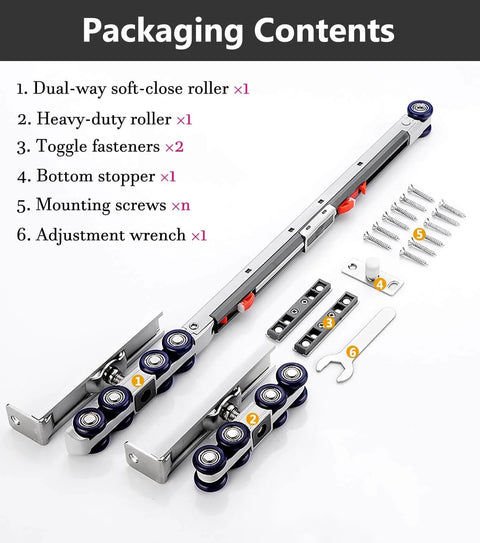 Dual Soft Close Sliding Barn Door Hardware Kit With Aluminum Rail System And Buffer Rollers packaging contents