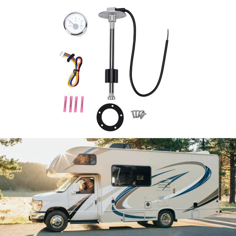 Heavy Duty Fuel Sender Unit And Gauge Kit With 240 To 33 Ohm Wiring For Boat Truck Rv And Yacht Featuring IP67 Sealed SUS316 Stainless Build And A Slick White Dial Silver Bezel