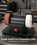 Heavy Duty Twin Wheel Bench Grinder With Kickass Copper Motor For Sweet Garage Space Saving Setup Badass Rust Removal And Fast Blade Sharpening Jobs At Home Or Shop, viewed from side with adjustable speed and two grinding wheels.