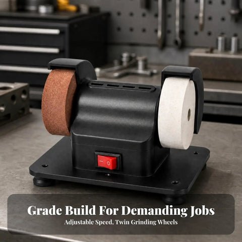 Heavy Duty Twin Wheel Bench Grinder With Kickass Copper Motor For Sweet Garage Space Saving Setup Badass Rust Removal And Fast Blade Sharpening Jobs At Home Or Shop, viewed from side with adjustable speed and two grinding wheels.