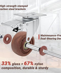 3 Inch Heavy Duty Casters Wheels Set Of Four With Brakes 1400 Pounds Capacity Glass Filled Nylon Heat Resistant To 475 Fahrenheit Industrial Castors For Workbench High Temperature Casters For Heavy Equipment And Mobility, showing a front view of caster with brake, dual-bearing design, and glass-filled nylon composition