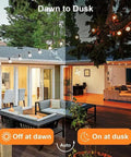 Solar Powered Outdoor String Lights 97ft With 48 Waterproof Shatterproof Bulbs showing day and night auto on-off feature on patio