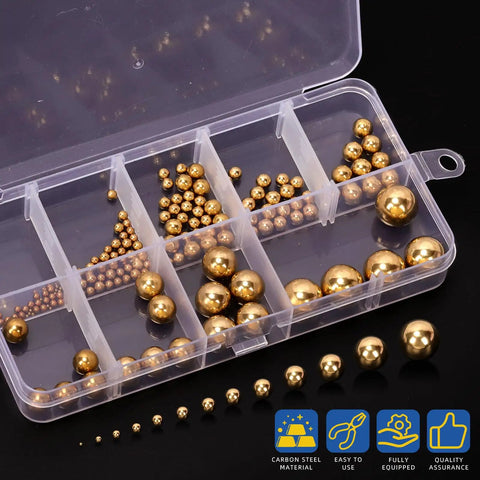 Built Tough Solid Brass Bearing Balls Assortment 160 Piece 1mm To 12mm precision hardened metal spheres in storage bin.